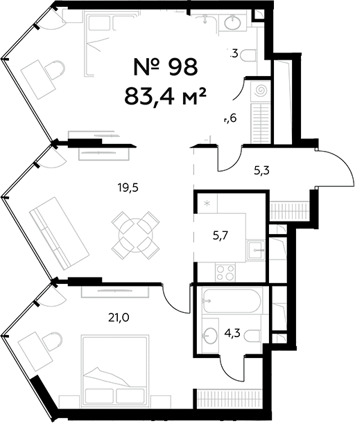 Планировка: Евротрёшка 83,4 м² в ЖК «Монблан»