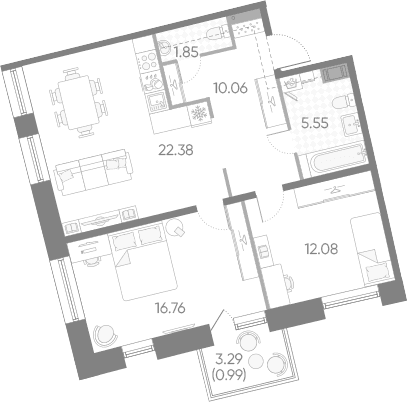 Планировка: Евротрёшка 68,7 м² в ЖК «Бульвар Грина»