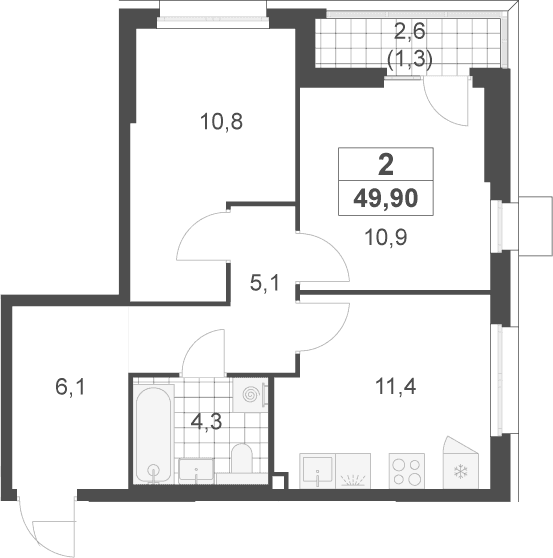 Планировка: 2-комнатная квартира 48,6 м² в ЖК «Скандинавия»