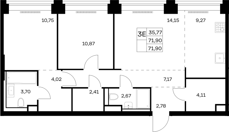 Планировка: Евротрёшка 71,9 м² в ЖК «НОВА»