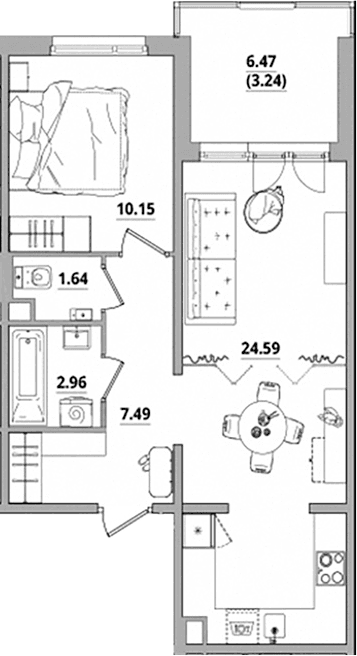 Планировка: Евродвушка 46,8 м² в ЖК «Тишин»