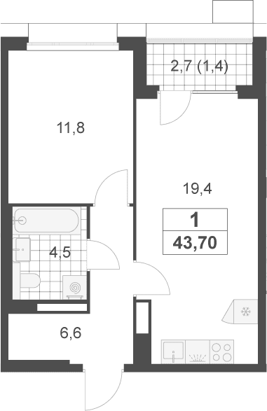 Планировка: 1-комнатная квартира 42,3 м² в ЖК «Скандинавия»