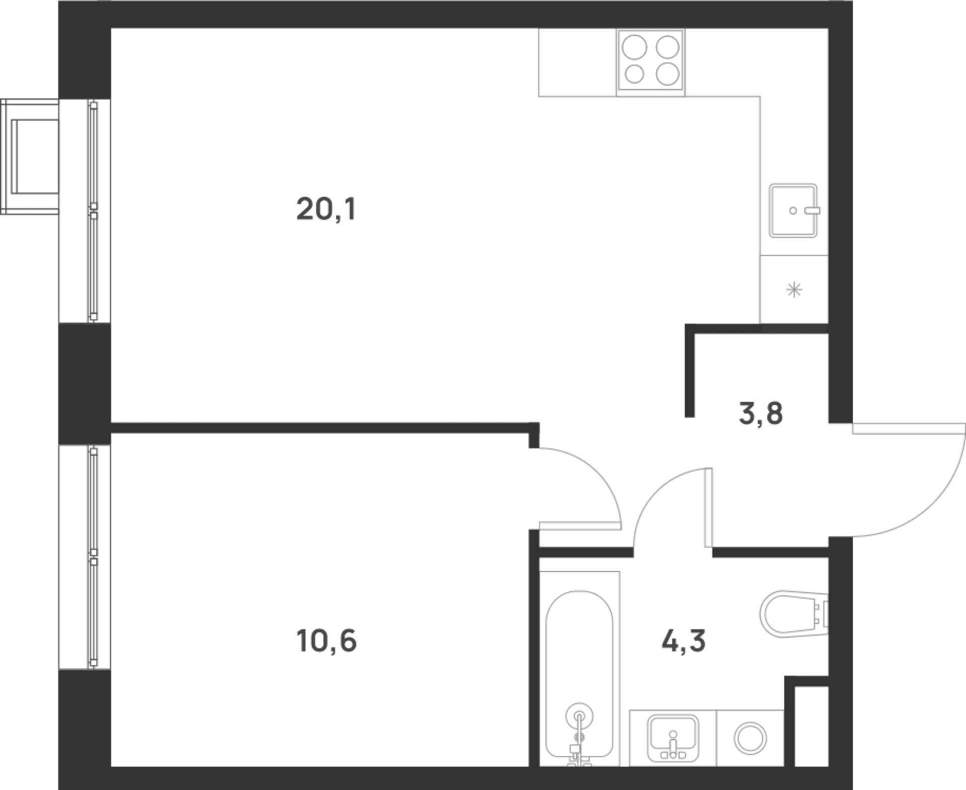 Планировка: 1-комнатная квартира 38,8 м² в ЖК «Форевиль»