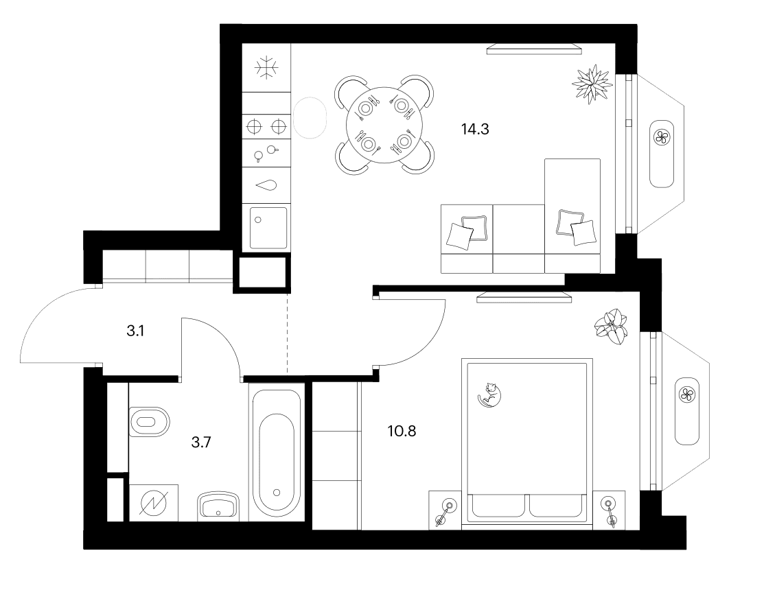 Планировка: 1-комнатная квартира 31,9 м² в ЖК «Зеленый парк»