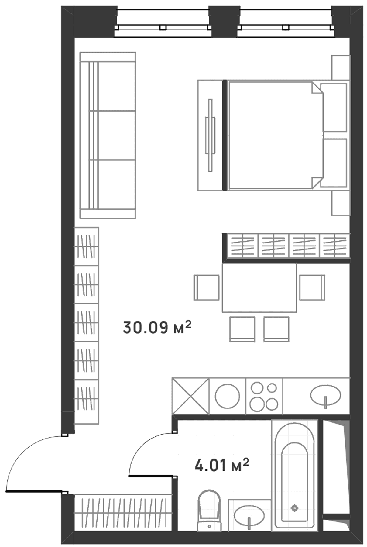 Планировка: Студия 34,1 м² в ЖК «Дюна»