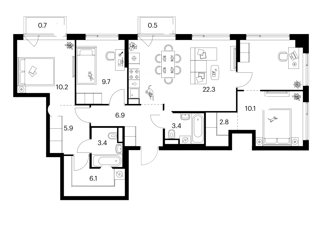 Планировка: 3-комнатная квартира 90,4 м² в ЖК «Бунинская набережная»
