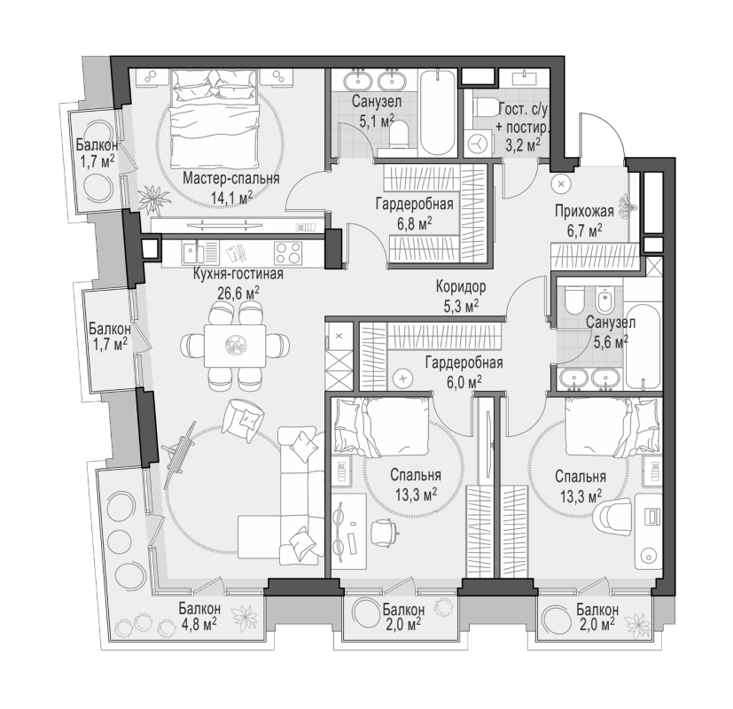 Планировка: Квартира евро-4 108,2 м² в ЖК «Квартал Тишинский бульвар»
