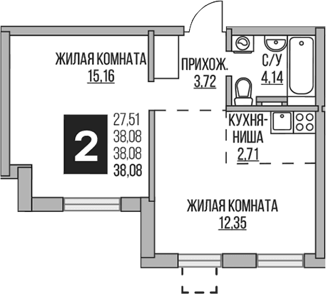Планировка: Евродвушка 38,1 м² в ЖК «Гранель Аникеевский»