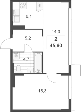 Планировка: Евродвушка 45,6 м² в ЖК «Южные сады»