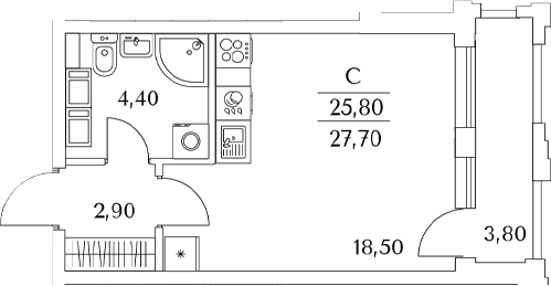 Планировка: Студия 25,7 м² в ЖК «Тайм Сквер»