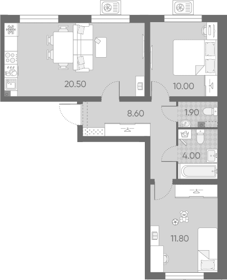 Планировка: Евротрёшка 56,8 м² в ЖК «Ручьи 2»