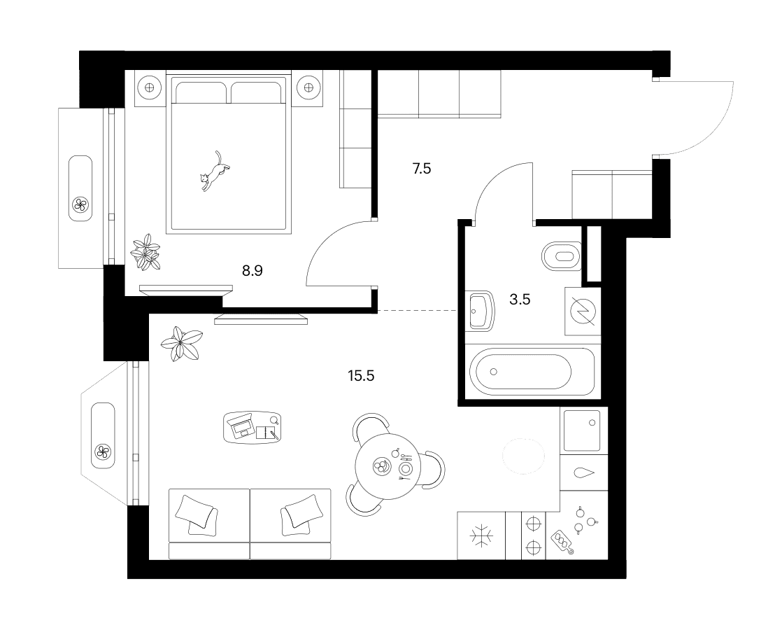 Планировка: 1-комнатная квартира 35,4 м² в ЖК «Зеленый парк»