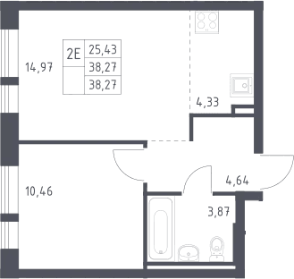 Планировка: Евродвушка 38,3 м² в ЖК «Квартал Авиаторов»