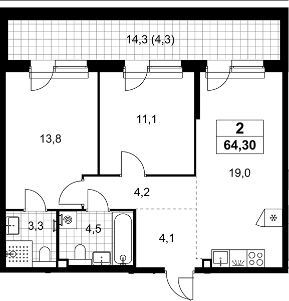 Планировка: Евротрёшка 60 м² в ЖК «Деснаречье»