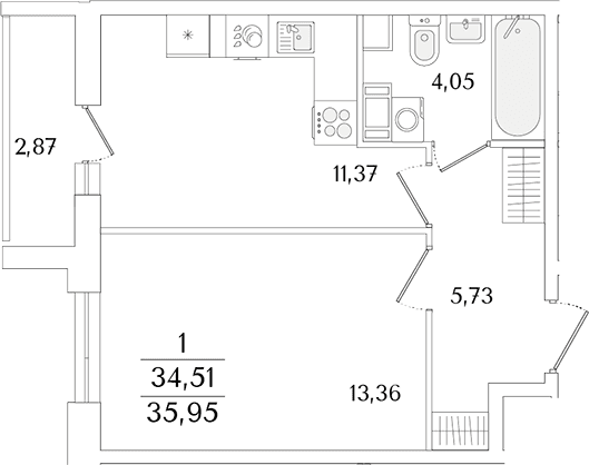 Планировка: 1-комнатная квартира 34,5 м² в ЖК «Кинопарк»