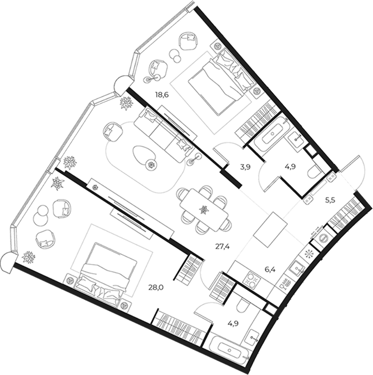 Планировка: Евротрёшка 99,6 м² в ЖК «МАСТЕРС»