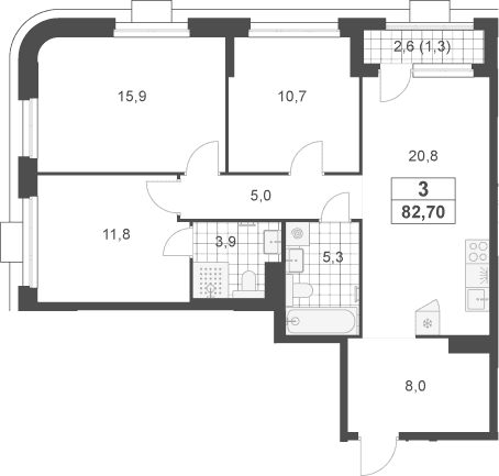 Планировка: Квартира евро-4 81,4 м² в ЖК «Южные сады»