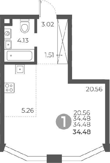 Планировка: Студия 34,5 м² в ЖК «Мневники от Гранель»