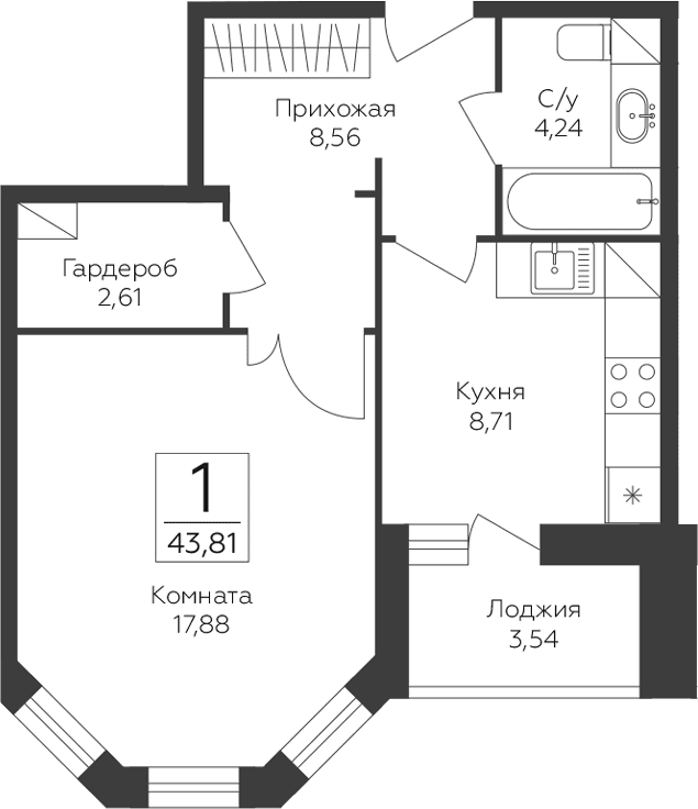Планировка: 1-комнатная квартира 42 м² в ЖК «Пахра Сити»