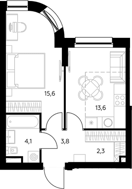 Планировка: 1-комнатная квартира 39,6 м² в ЖК «Адмирал»