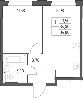 Планировка: Евродвушка 34,8 м² в ЖК «Химки Парк»