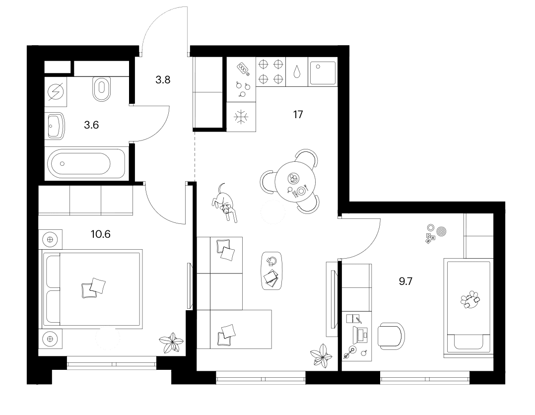 Планировка: 2-комнатная квартира 44,7 м² в ЖК «Ярославский»