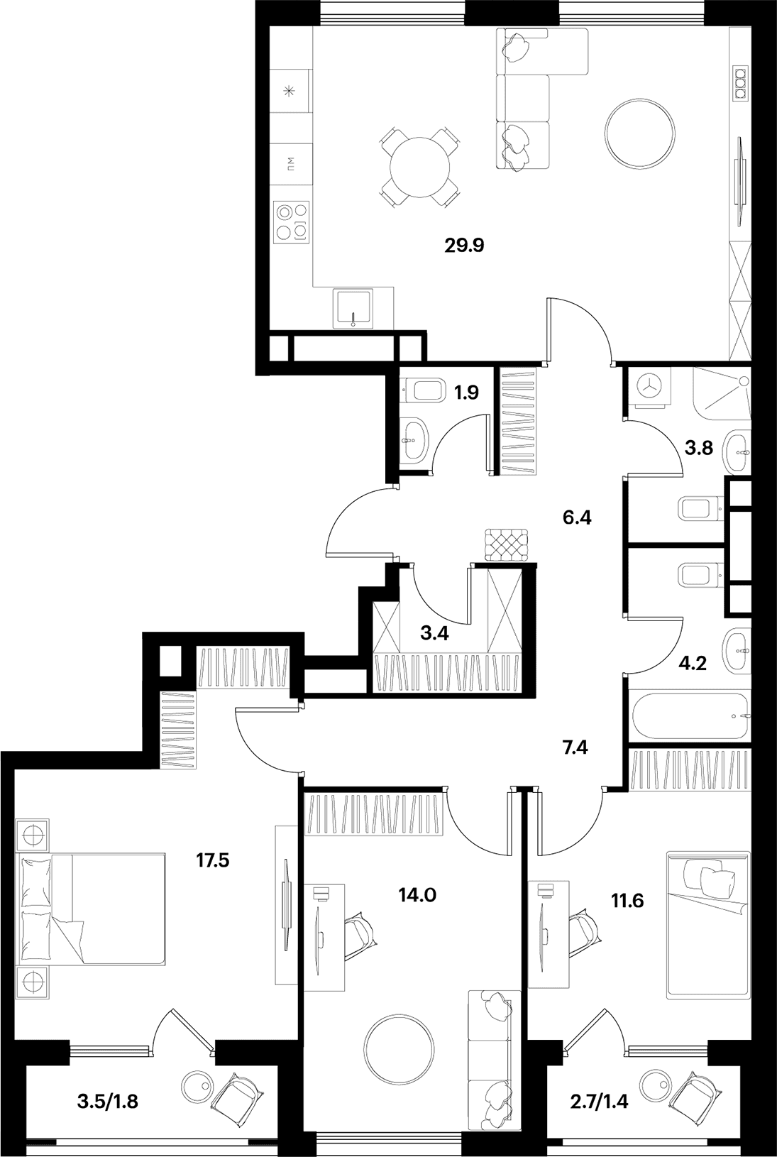 Планировка: Квартира евро-4 98,8 м² в ЖК «АЛИА»