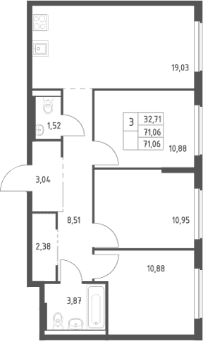 Планировка: Квартира евро-4 71,1 м² в ЖК «Большое Юрлово»