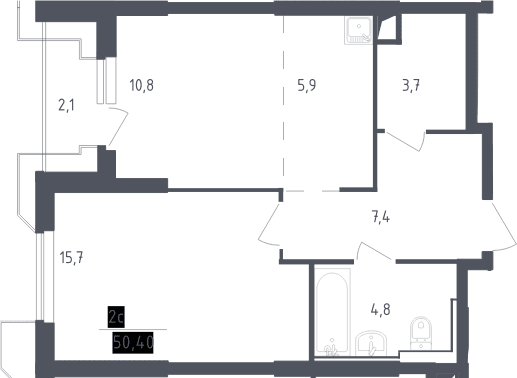 Планировка: Евродвушка 48,3 м² в ЖК «Скай Спутник»