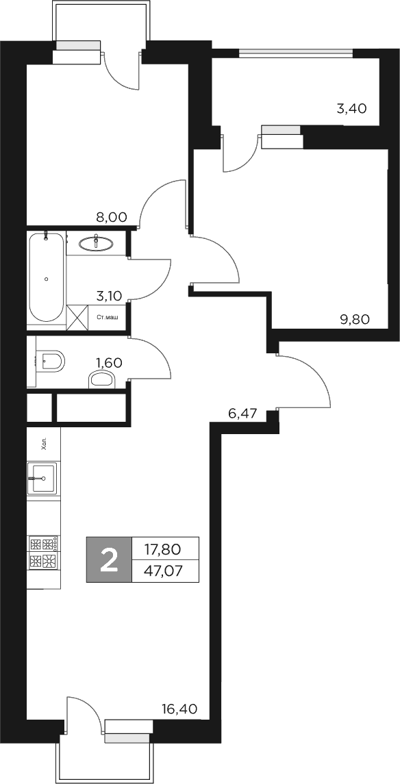 Планировка: Евротрёшка 45,4 м² в ЖК «Восток 2»