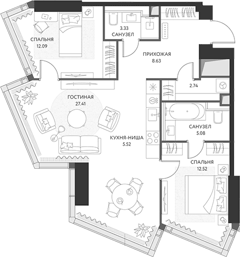 Планировка: Евротрёшка 77,3 м² в ЖК «ХАЙДАУТ»