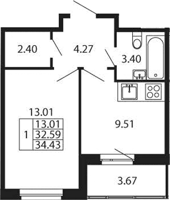 Планировка: 1-комнатная квартира 32,6 м² в ЖК «Полис Новоселье»