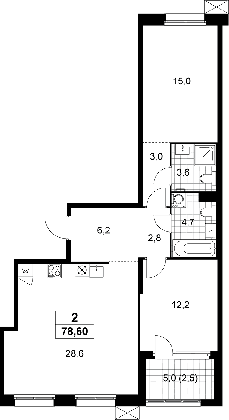 Планировка: Евротрёшка 76,1 м² в ЖК «Дзен-кварталы»
