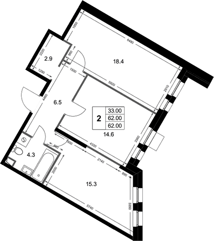 Планировка: 2-комнатная квартира 62 м² в ЖК «Кореневский Форт 2.3»