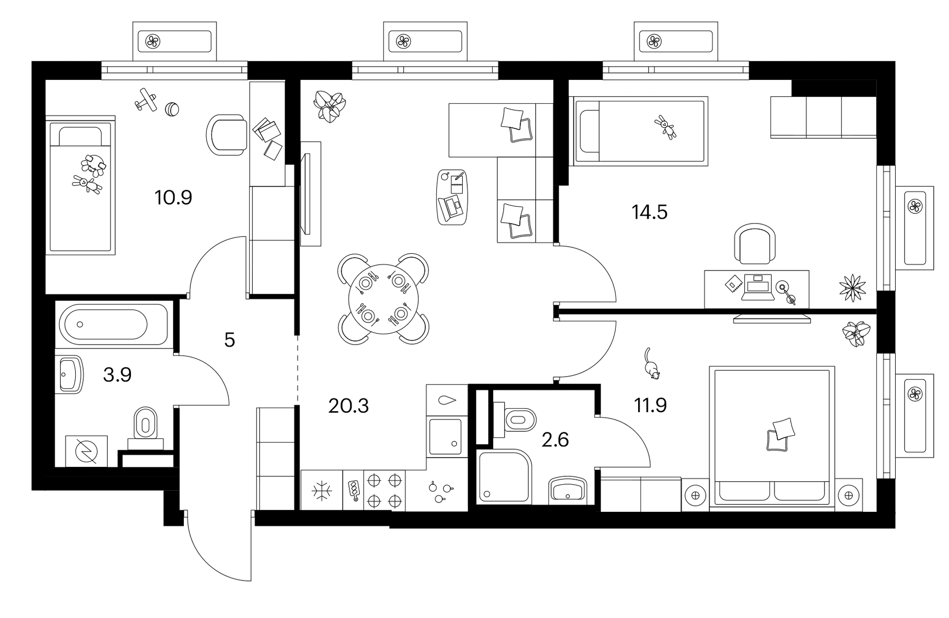 Планировка: 3-комнатная квартира 69,1 м² в ЖК «Белая Дача парк»