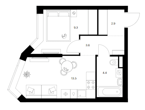 Планировка: 1-комнатная квартира 33,7 м² в ЖК «Мичуринский парк»