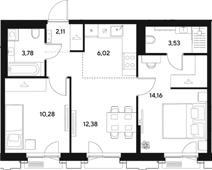 Планировка: Евротрёшка 52,3 м² в ЖК «ЭВО»