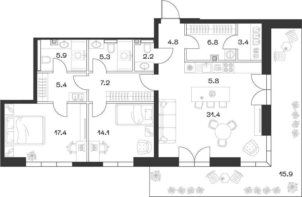 Планировка: Евротрёшка 109,9 м² в ЖК «SHIFT»