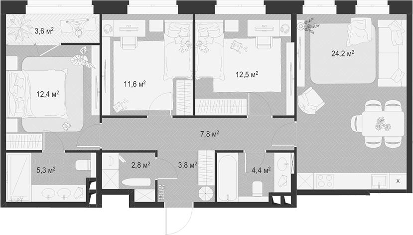 Планировка: Квартира евро-4 84,8 м² в ЖК «Гранд Комфорт 3»
