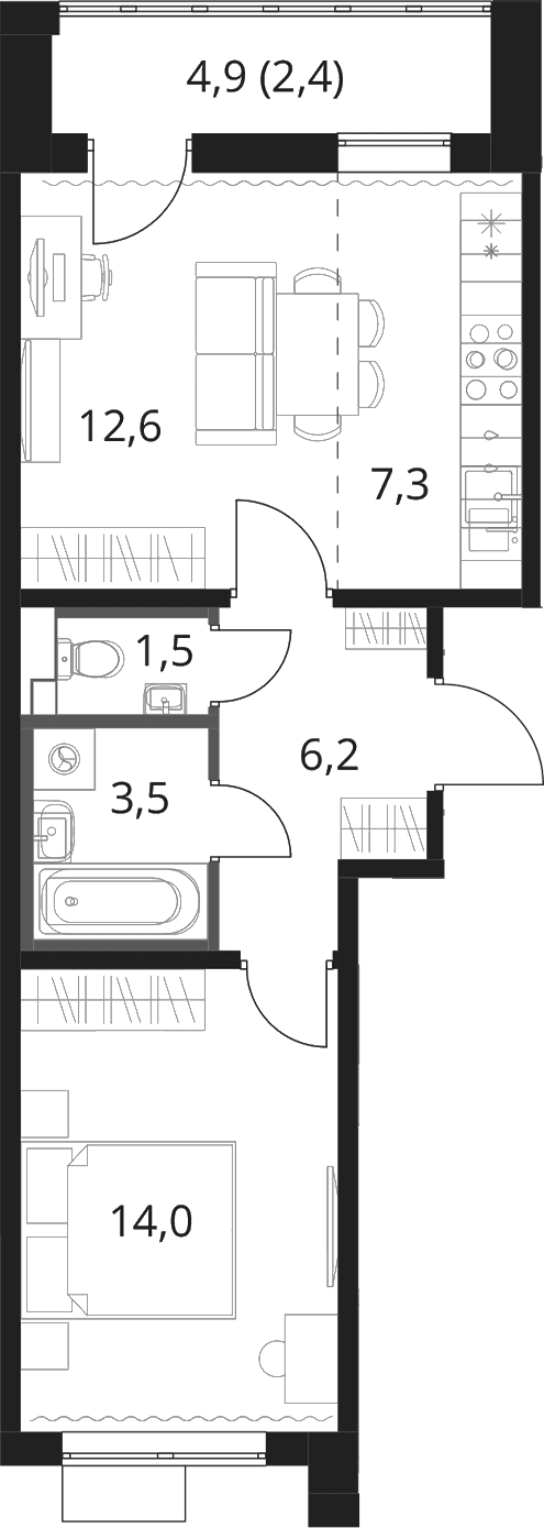 Планировка: Евродвушка 45,1 м² в ЖК «1-й Шереметьевский»