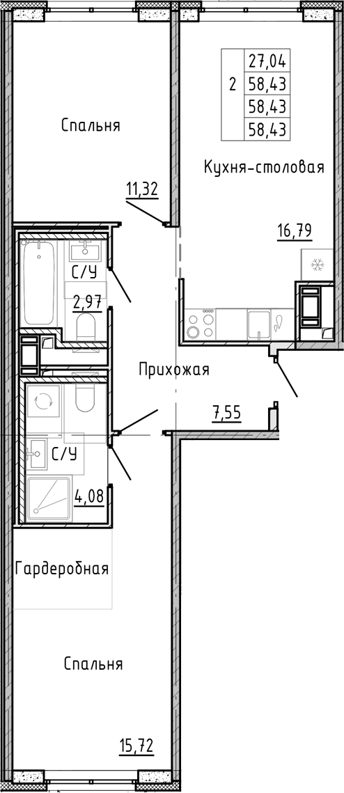 Планировка: Евротрёшка 58,4 м² в ЖК «ОКЛА»
