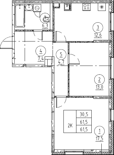 Планировка: 2-комнатная квартира 61,5 м² в ЖК «Крылов»