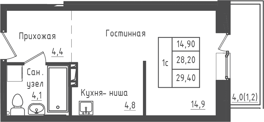 Планировка: Студия 28,2 м² в ЖК «Зеленый город»