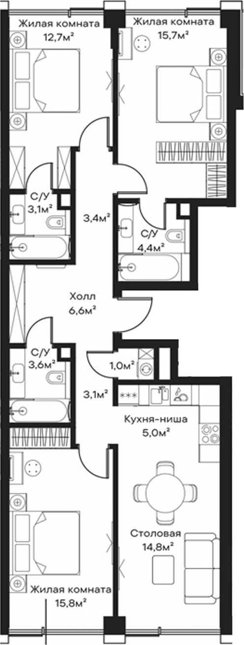 Планировка: Квартира евро-4 89,2 м² в ЖК «Сити Бэй»