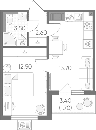 Планировка: 1-комнатная квартира 32,3 м² в ЖК «Зеркальный ручей»