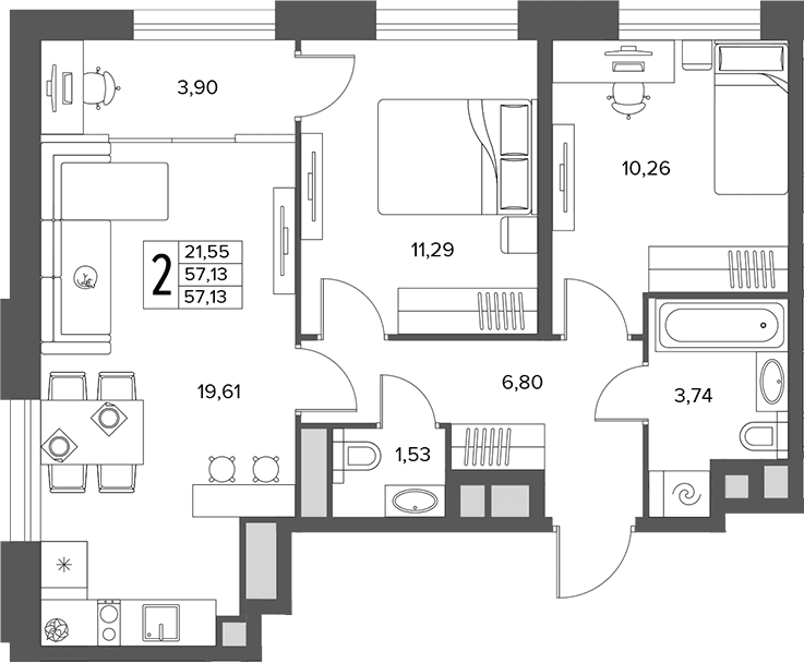 Планировка: Евротрёшка 57,1 м² в ЖК «Городской бор»
