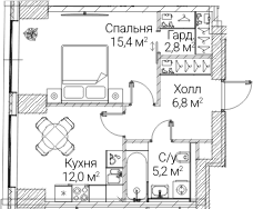 Планировка: 1-комнатная квартира 42,3 м² в ЖК «СЕЗАР БУДУЩЕЕ»