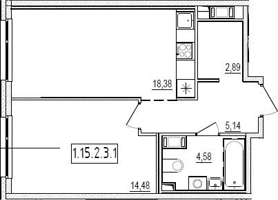 Планировка: Евродвушка 45,5 м² в ЖК «Новый Ямбург»