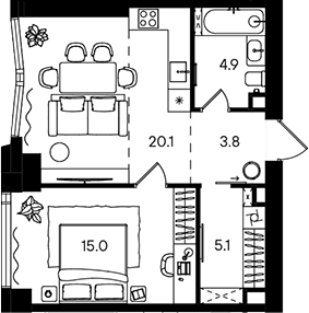 Планировка: Евродвушка 48,9 м² в ЖК «СТОУН Блик»