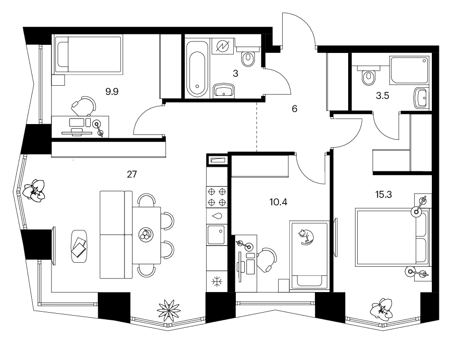 Планировка: 3-комнатная квартира 75,1 м² в ЖК «Бусиновский парк»